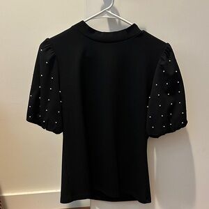 Ann Taylor Black Puff Sleeve Top with Pearl Accents - Size MP